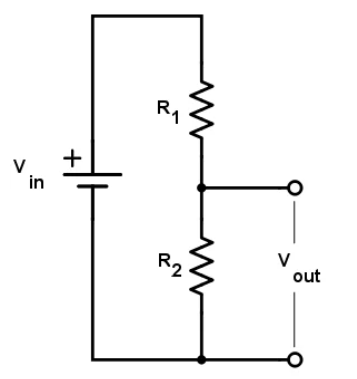 Voltage divider circuit diagram showing Vin, R1, R2, and Vout