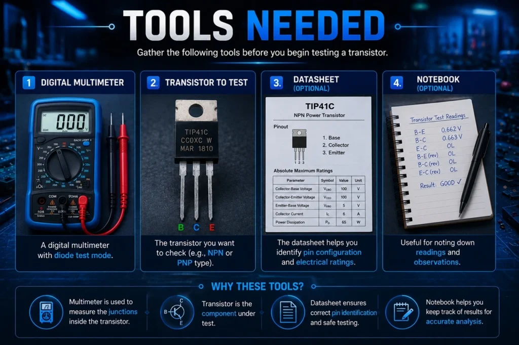 Tools needed to test a transistor