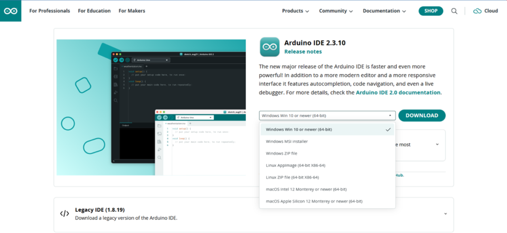 Download page for the Arduino IDE