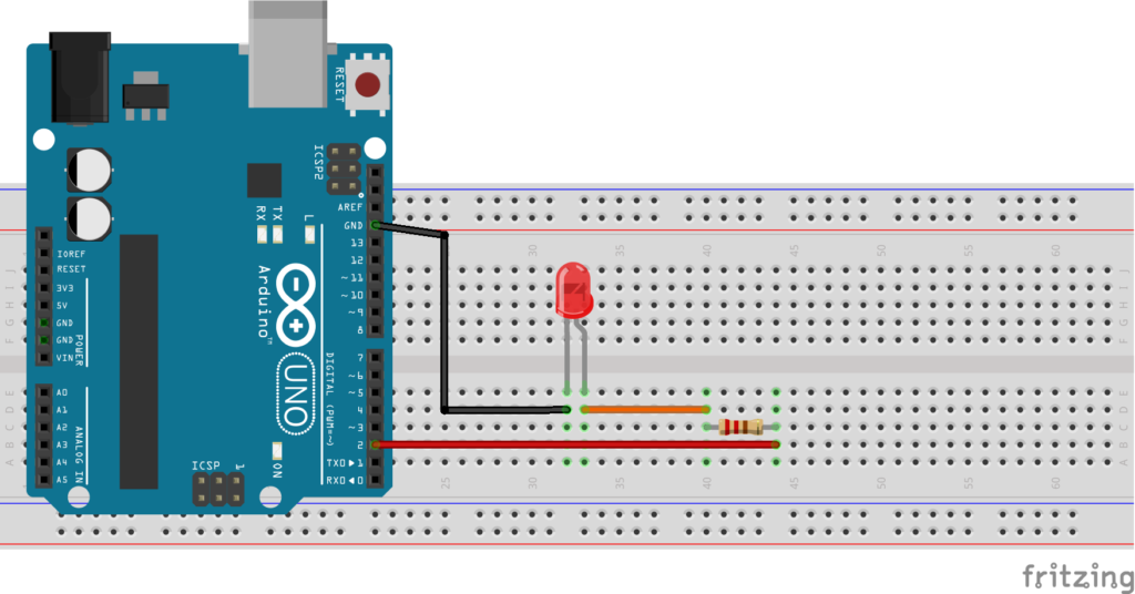 Arduino UNO LED blink circuit on a breadboard